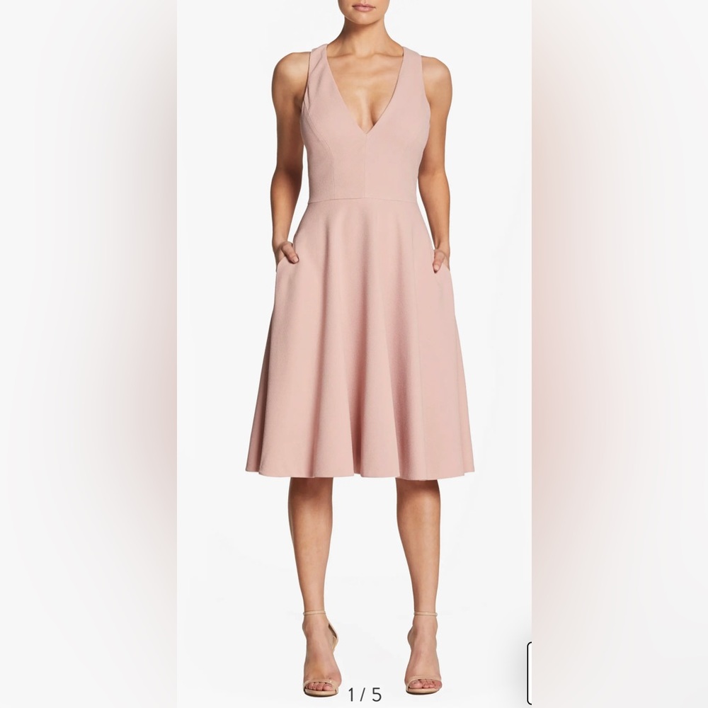 Dress the Population Catalina V-Neck Fit and Flare Dress. Pink. Has pockets!